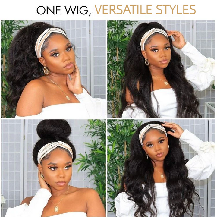 Anfängerfreundliche, wassergewellte, kleberlose Perücke mit langem Stirnband, 100 % Echthaar