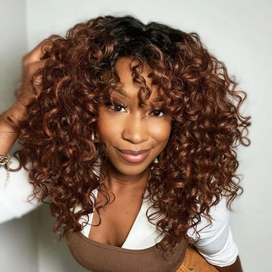 4x4 Lace Reddish Brown With Dark Root Bouncy Curl Glueless Wig