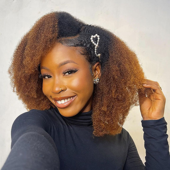 Afro Kinky Curly Ombre Brown 4x4/7x5 Pre-Everyhthing & Transparent Lace Wear Go Glueless Wig