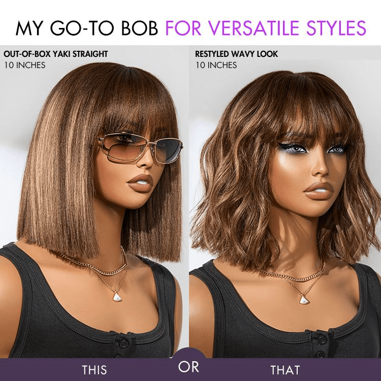 Ash Blonde Highlights Silky Blunt Cut Bob Wig with Bangs Glueless No Lace Short Wig TianaHair