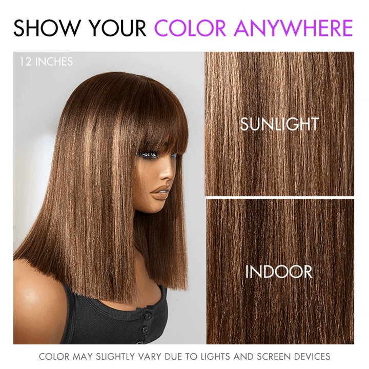 Ash Blonde Highlights Silky Blunt Cut Bob Wig with Bangs Glueless No Lace Short Wig TianaHair