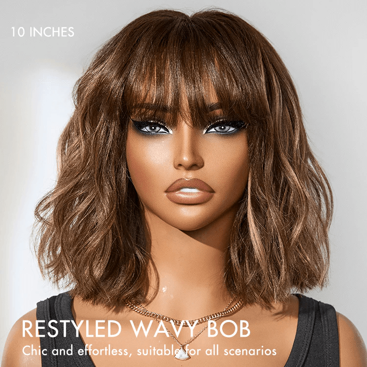 Ash Blonde Highlights Silky Blunt Cut Bob Wig with Bangs Glueless No Lace Short Wig TianaHair