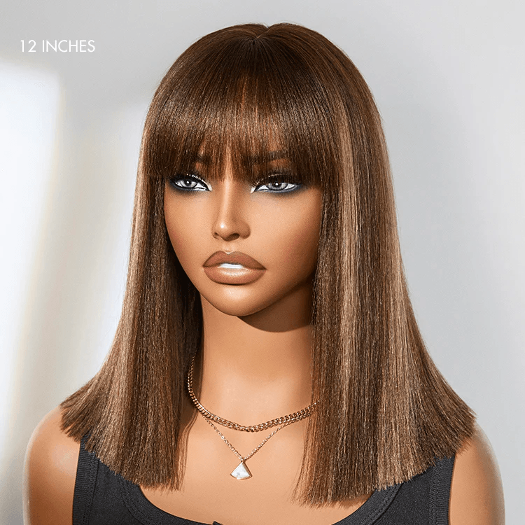 Ash Blonde Highlights Silky Blunt Cut Bob Wig with Bangs Glueless No Lace Short Wig TianaHair