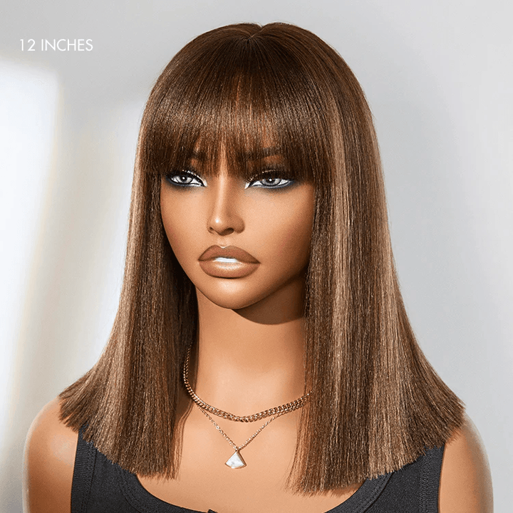 Ash Blonde Highlights Silky Blunt Cut Bob Wig with Bangs Glueless No Lace Short Wig TianaHair