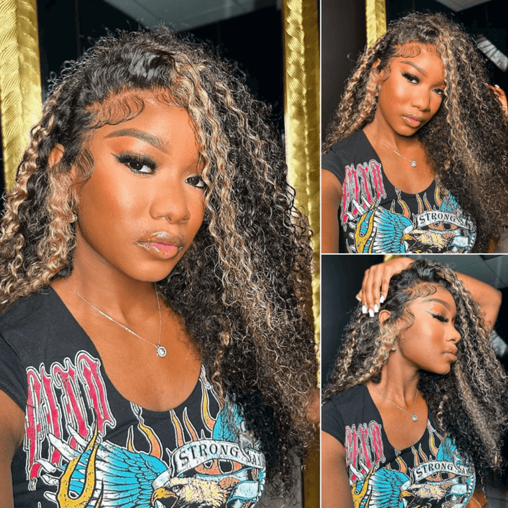 Balayage Black and blonde Highlights 6x4 Lace Kinky Curly Glueless Wig TianaHair