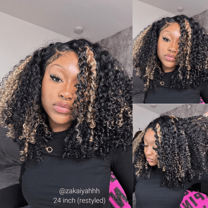 Balayage Black and blonde Highlights 6x4 Lace Kinky Curly Glueless Wig TianaHair