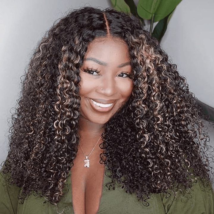 Balayage Black and blonde Highlights 6x4 Lace Kinky Curly Glueless Wig TianaHair
