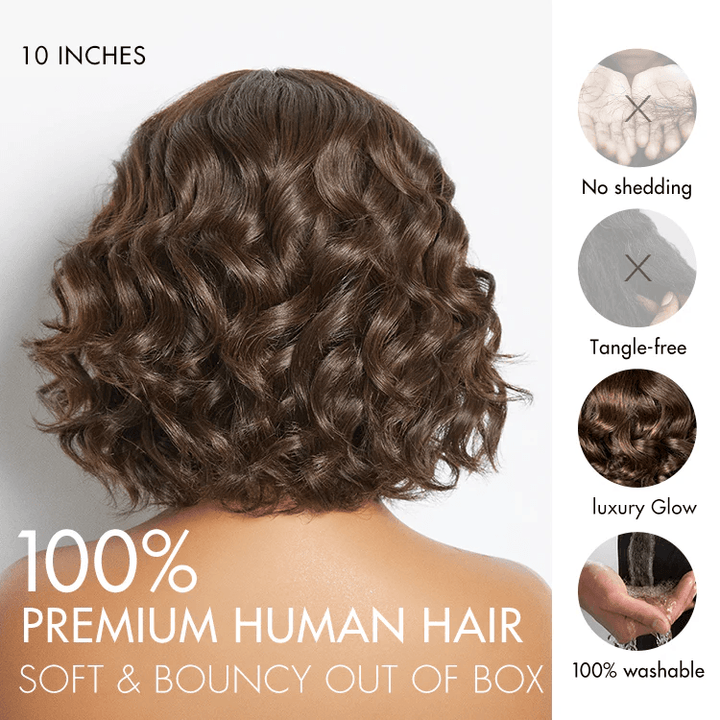 Beginner Friendly Brown Loose Wave Glueless No Lace Shoulder Length Wavy Bob Wig with Bangs TianaHair