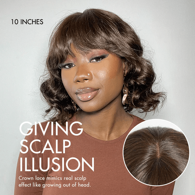 Beginner Friendly Brown Loose Wave Glueless No Lace Shoulder Length Wavy Bob Wig with Bangs TianaHair