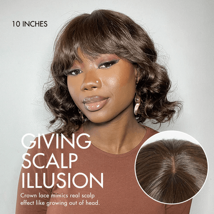 Beginner Friendly Brown Loose Wave Glueless No Lace Shoulder Length Wavy Bob Wig with Bangs TianaHair