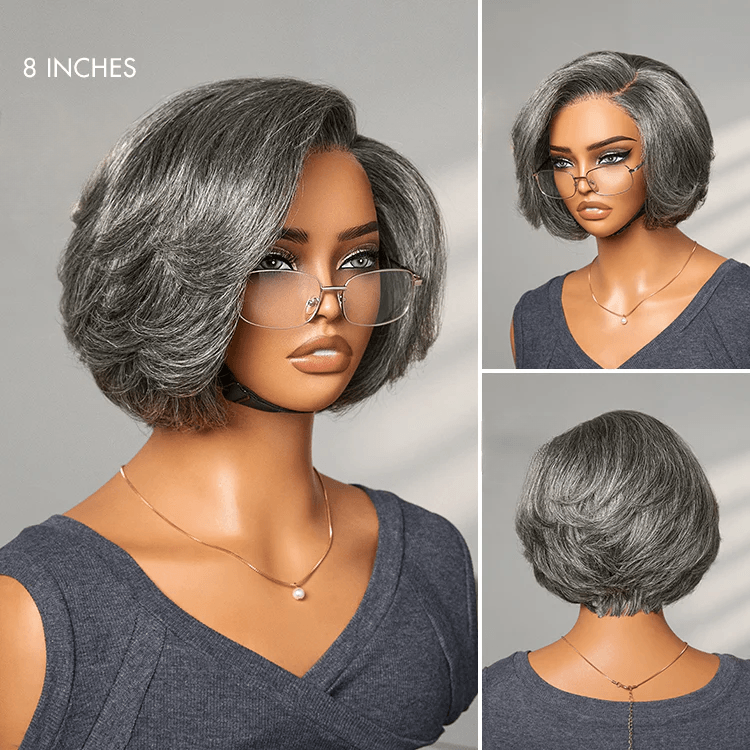 Boss Vibe Salt & Pepper 6x4 Lace Layered Bob Glueless Pre-Everything Wig TianaHair