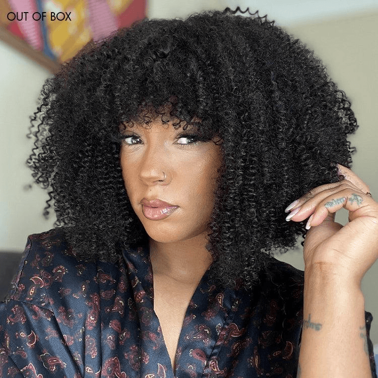 Bouncy Jerry Curl Throw On & Go Afro Curly Glueless Short Curly Wig with Bangs TianaHair
