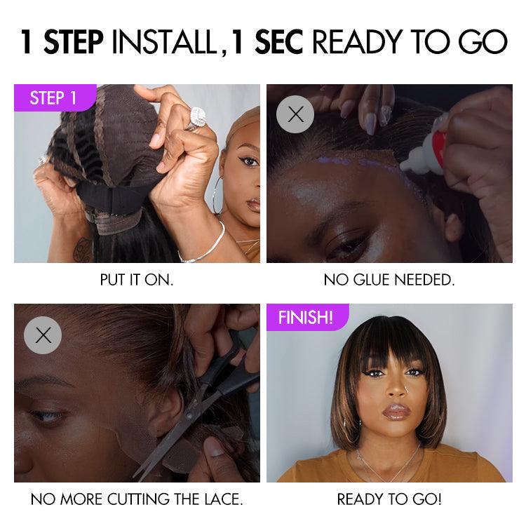 Brown Highlight / Natural Black Glueless Layered Cut Silky Straight No Lace Bob Wig with Bangs TianaHair