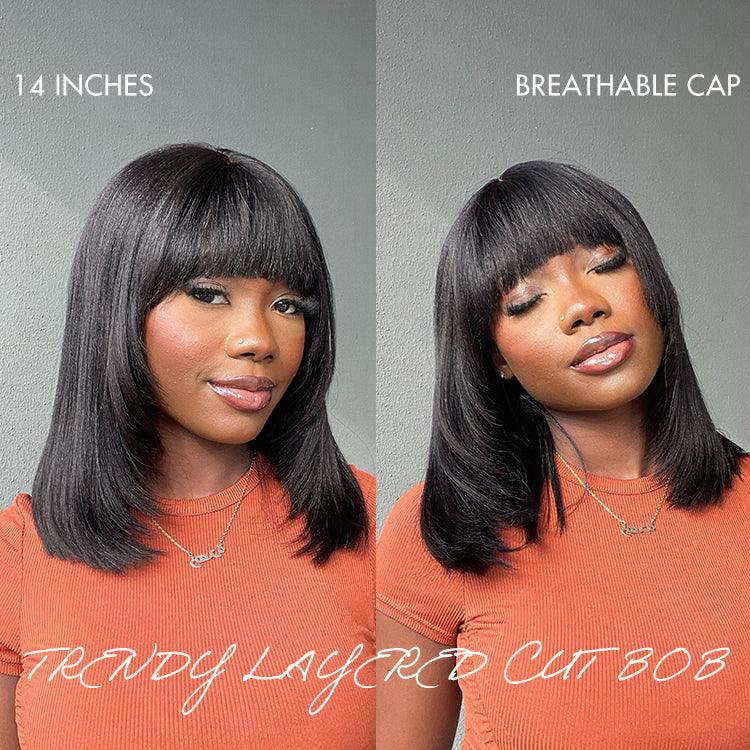 Brown Highlight / Natural Black Glueless Layered Cut Silky Straight No Lace Bob Wig with Bangs TianaHair