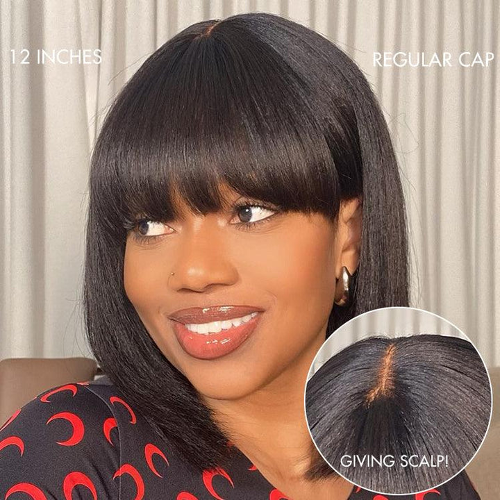 Brown Highlight / Natural Black Glueless Layered Cut Silky Straight No Lace Bob Wig with Bangs TianaHair