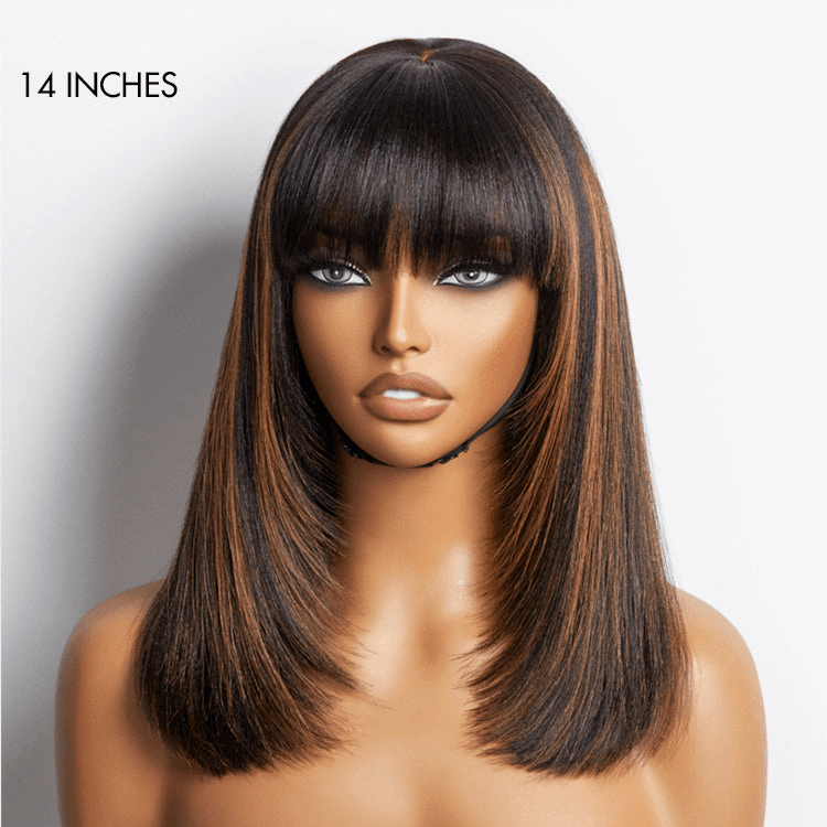 Brown Highlight / Natural Black Glueless Layered Cut Silky Straight No Lace Bob Wig with Bangs TianaHair