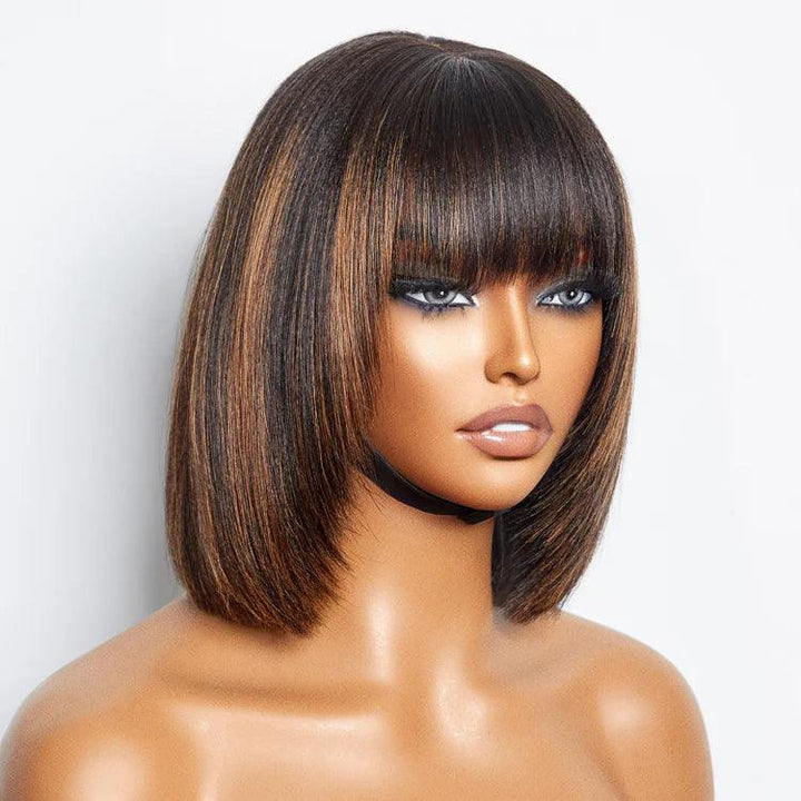 Brown Highlight / Natural Black Glueless Layered Cut Silky Straight No Lace Bob Wig with Bangs TianaHair