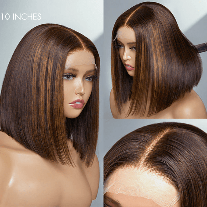 Brown Highlights Silky Straight 4x4 Closure Lace Put On and Go Glueless Bob Wig 100% Human Hair TianaHair