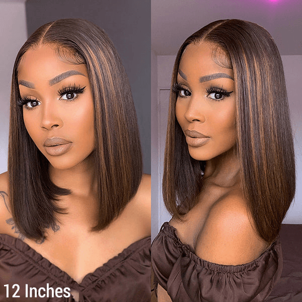 Brown Highlights Silky Straight 4x4 Closure Lace Put On and Go Glueless Bob Wig 100% Human Hair TianaHair