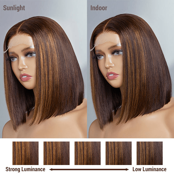 Brown Highlights Silky Straight 4x4 Closure Lace Put On and Go Glueless Bob Wig 100% Human Hair TianaHair