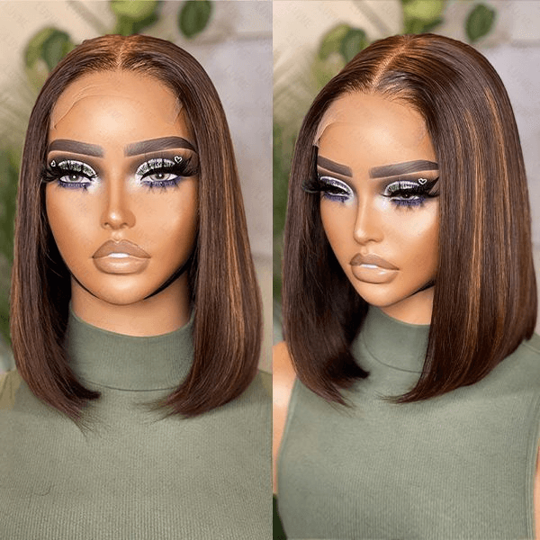 Brown Highlights Silky Straight 4x4 Closure Lace Put On and Go Glueless Bob Wig 100% Human Hair TianaHair