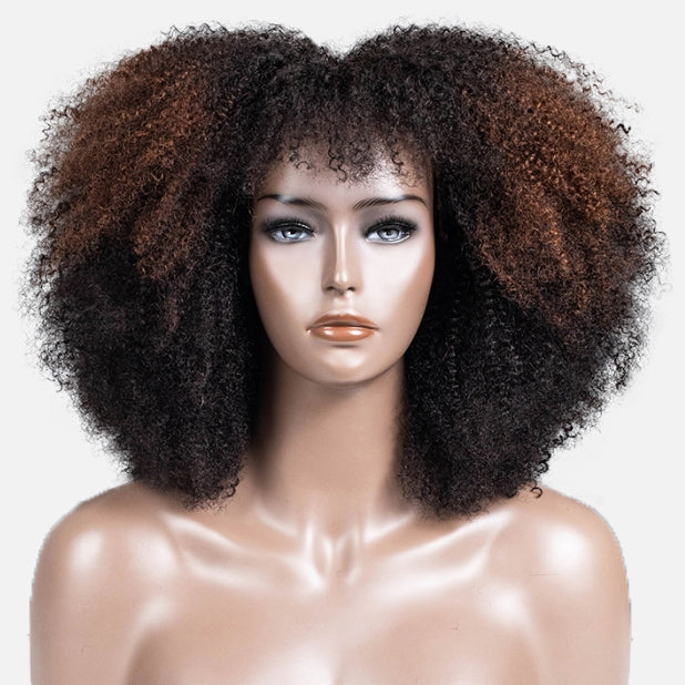 Caramel Highlights Afro Curly Glueless Short Curly Wig with Bangs TianaHair