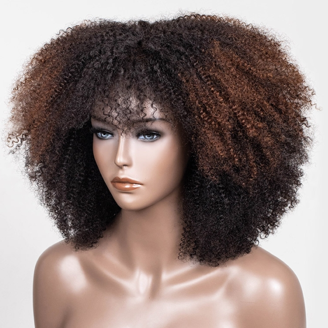 Caramel Highlights Afro Curly Glueless Short Curly Wig with Bangs TianaHair