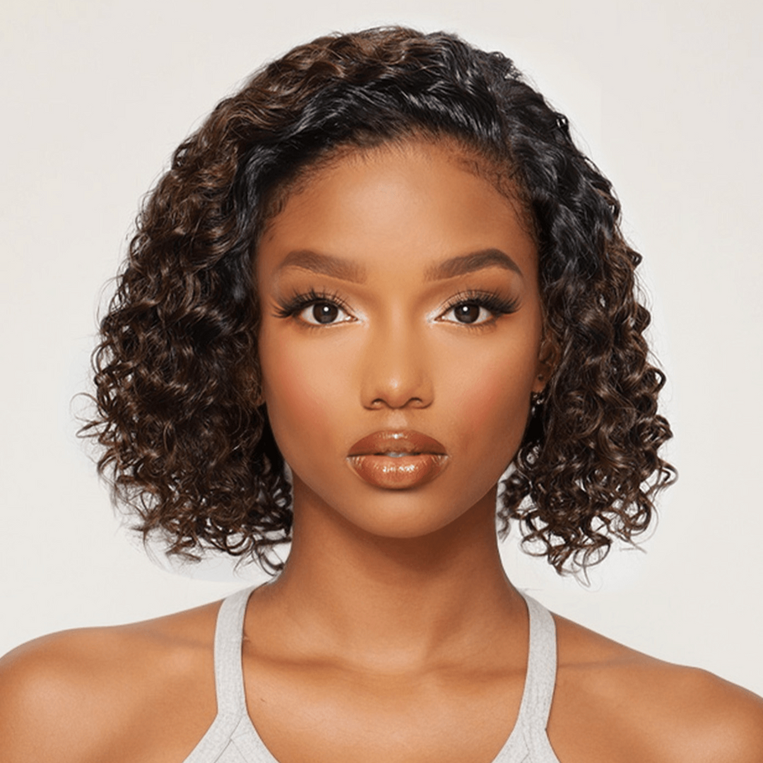 Chestnut Brown Ombre 7x5 Pre-Cut Lace Side Part short curly wigs human hair Bob Wig TianaHair