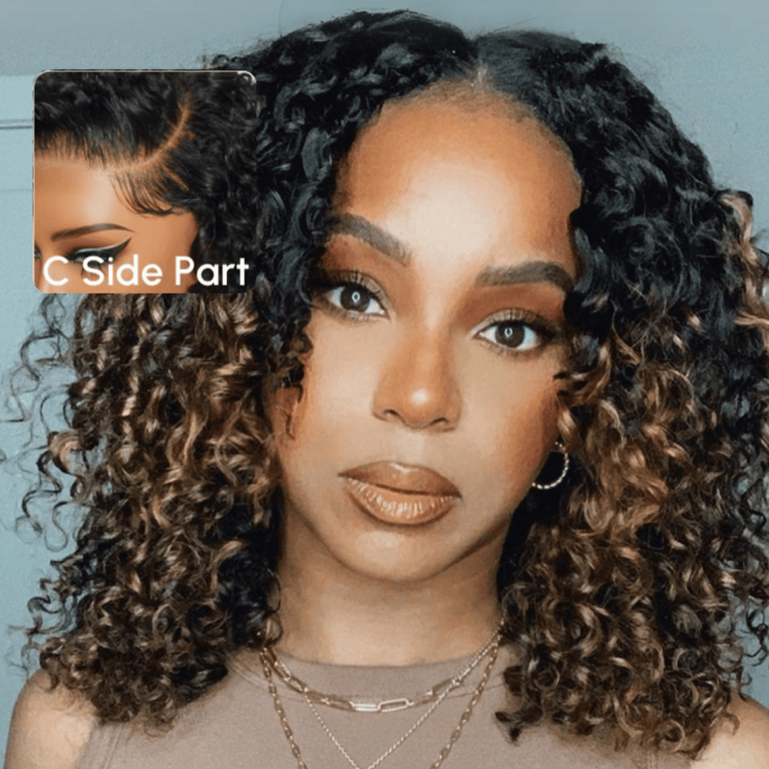Chestnut Brown Ombre 7x5 Pre-Cut Lace Side Part short curly wigs human hair Bob Wig TianaHair