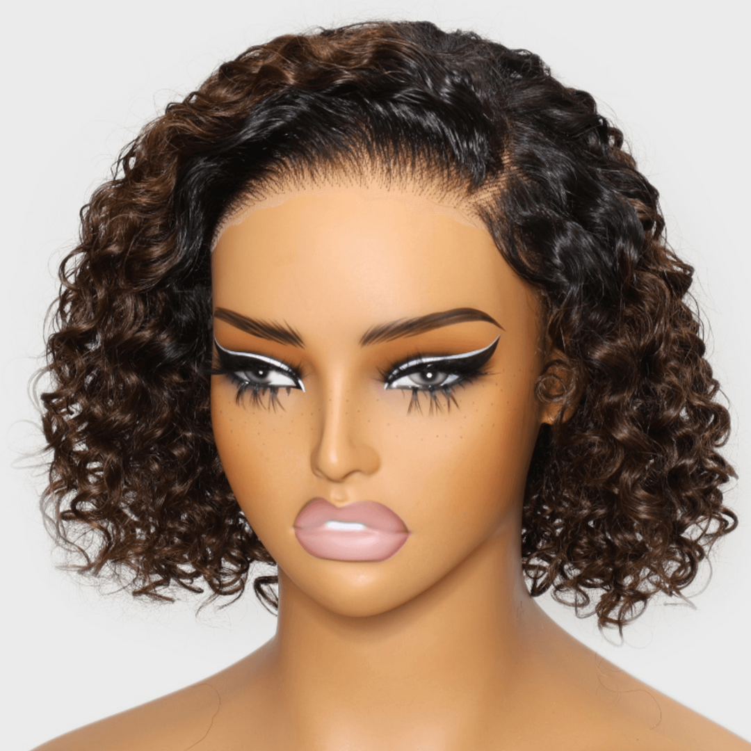 Chestnut Brown Ombre 7x5 Pre-Cut Lace Side Part short curly wigs human hair Bob Wig TianaHair