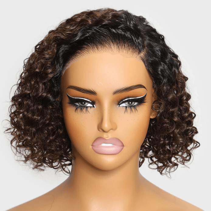 Chestnut Brown Ombre 7x5 Pre-Cut Lace Side Part short curly wigs human hair Bob Wig TianaHair