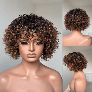 Chic Ombre Golden Brown Short Cut Curly Put On & Go Wig 100% Human Hair TianaHair