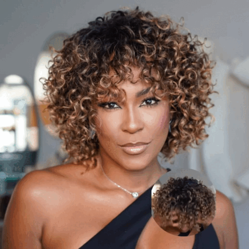 Chic Ombre Golden Brown Short Cut Curly Put On & Go Wig 100% Human Hair TianaHair