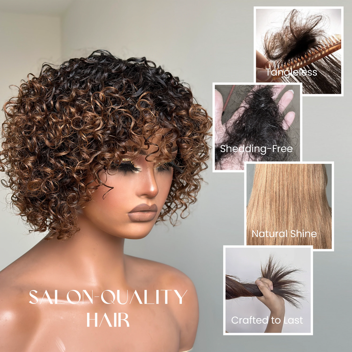 Chic Ombre Golden Brown Short Cut Curly Put On & Go Wig 100% Human Hair TianaHair