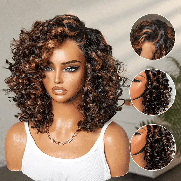 Effortless Elegance Brown Highlight Bouncy Curly Wig 6x4 Lace Glueless Wig Pre-Cut Lace TianaHair