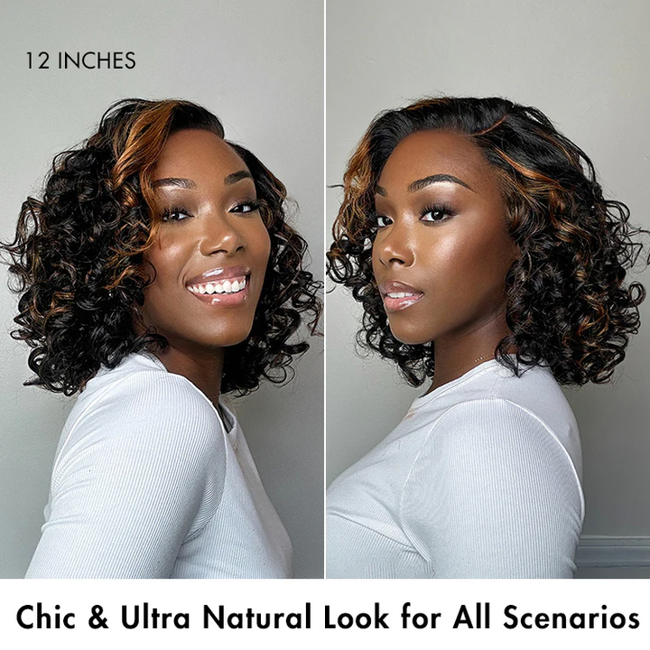 Effortless Elegance Brown Highlight Bouncy Curly Wig 6x4 Lace Glueless Wig Pre-Cut Lace TianaHair