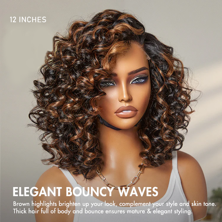 Effortless Elegance Brown Highlight Bouncy Curly Wig 6x4 Lace Glueless Wig Pre-Cut Lace TianaHair