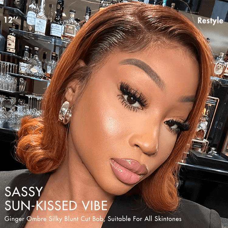 Ginger Ombre Silky Blunt Cut Glueless 6x4 Lace Short Bob Wig 100% Human Hair TianaHair
