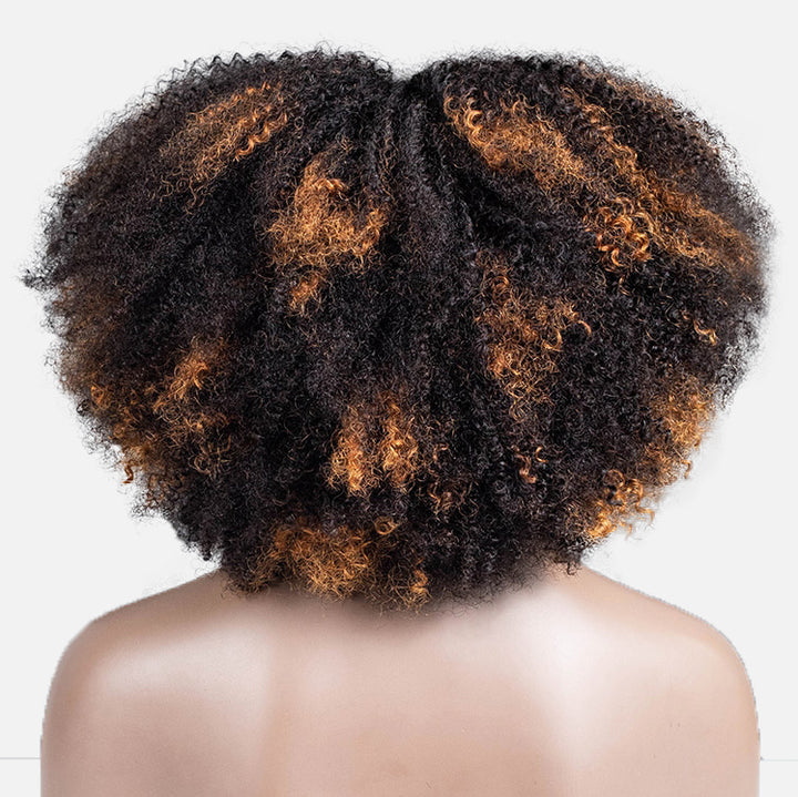 Golden Copper Highlights Afro Curly Glueless Short Curly Wig with Bangs TianaHair