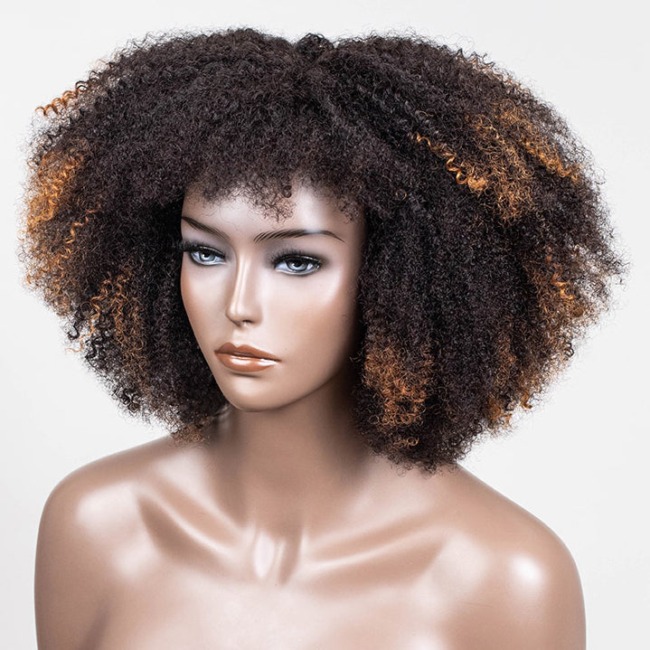 Golden Copper Highlights Afro Curly Glueless Short Curly Wig with Bangs TianaHair