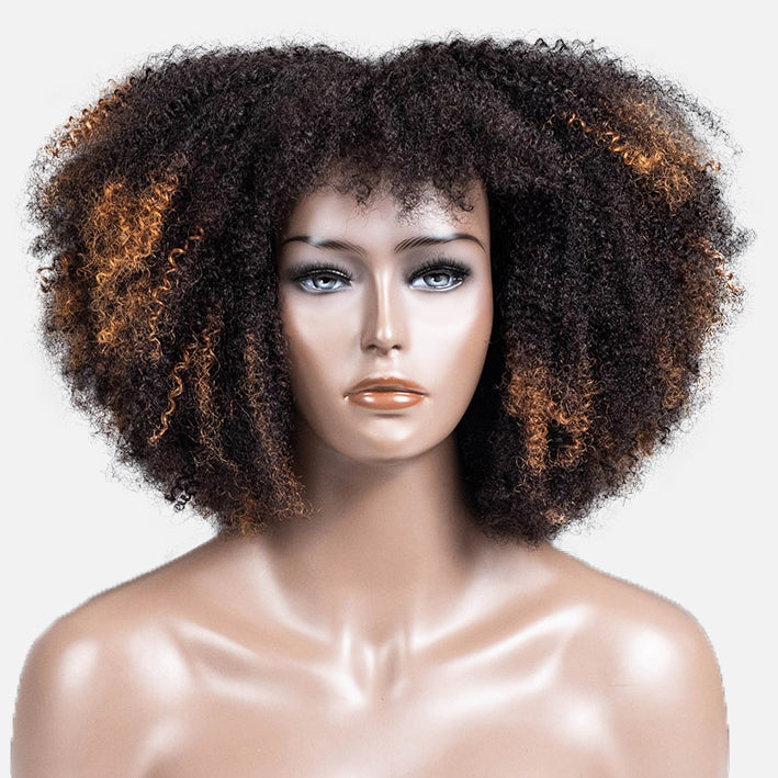 Golden Copper Highlights Afro Curly Glueless Short Curly Wig with Bangs TianaHair