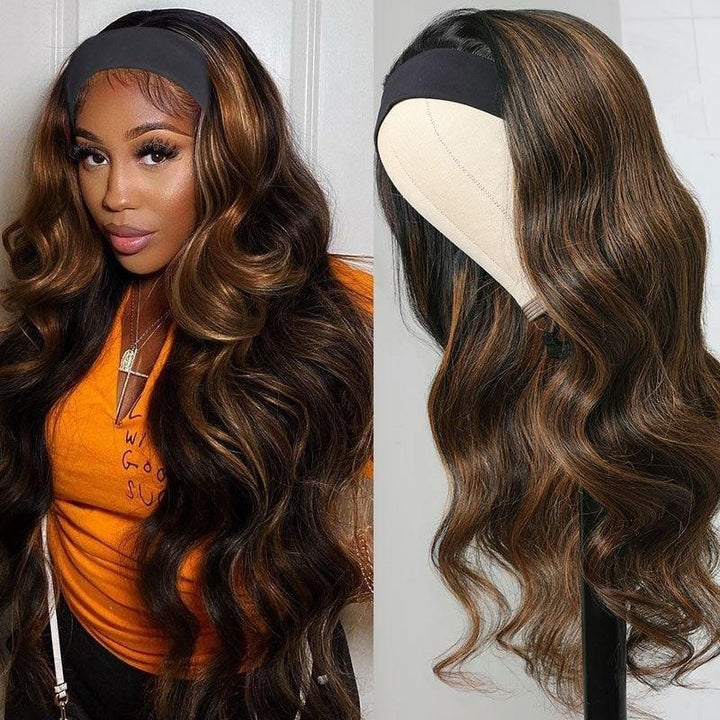Highlight Brown Body Wave No Lace Glueless Long Headband Wig 150% Density 100% Human Hair TianaHair