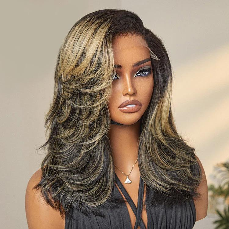 Honey Blonde Highlight Layered Cut 4X4 HD Lace Glueless Wig Human Hair Wig TianaHair