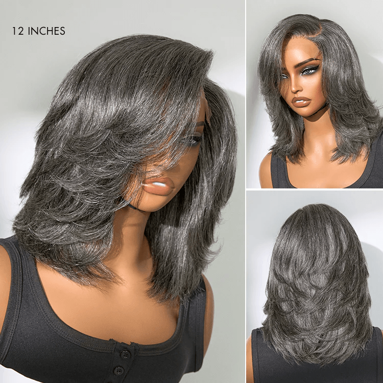 Layered Blowout Salt and Pepper 4x4 Transparent Lace Glueless Grey Wig Shoulder Length Wavy Wig TianaHair