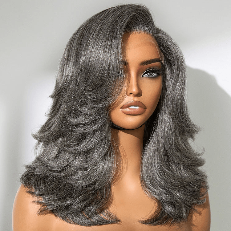 Layered Blowout Salt and Pepper 4x4 Transparent Lace Glueless Grey Wig Shoulder Length Wavy Wig TianaHair