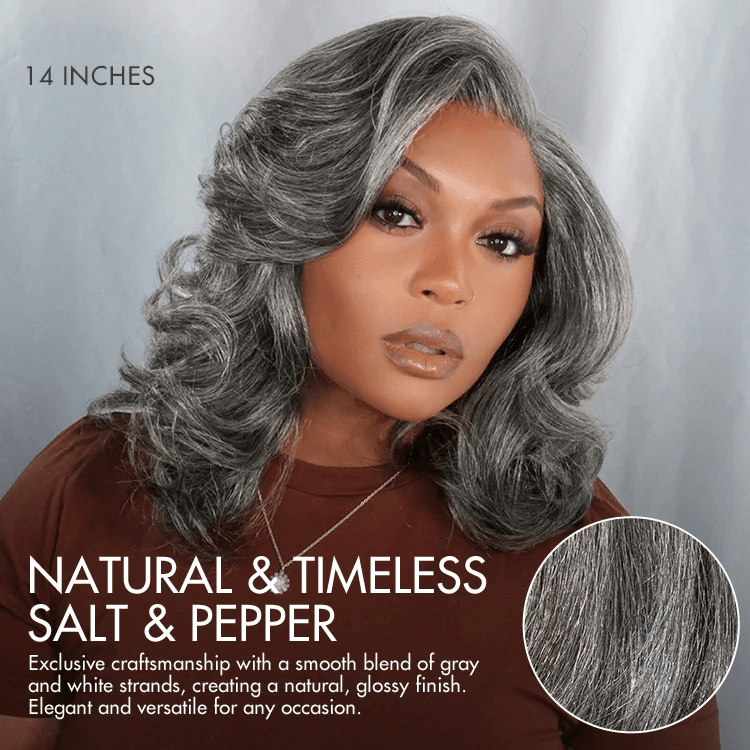 Layered Blowout Salt and Pepper 4x4 Transparent Lace Glueless Grey Wig Shoulder Length Wavy Wig TianaHair
