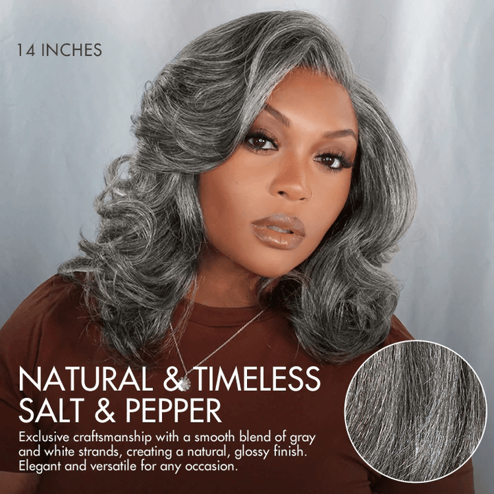 Layered Blowout Salt and Pepper 4x4 Transparent Lace Glueless Grey Wig Shoulder Length Wavy Wig TianaHair