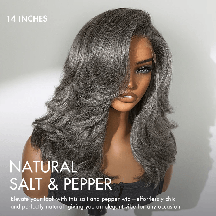 Layered Blowout Salt and Pepper 4x4 Transparent Lace Glueless Grey Wig Shoulder Length Wavy Wig TianaHair
