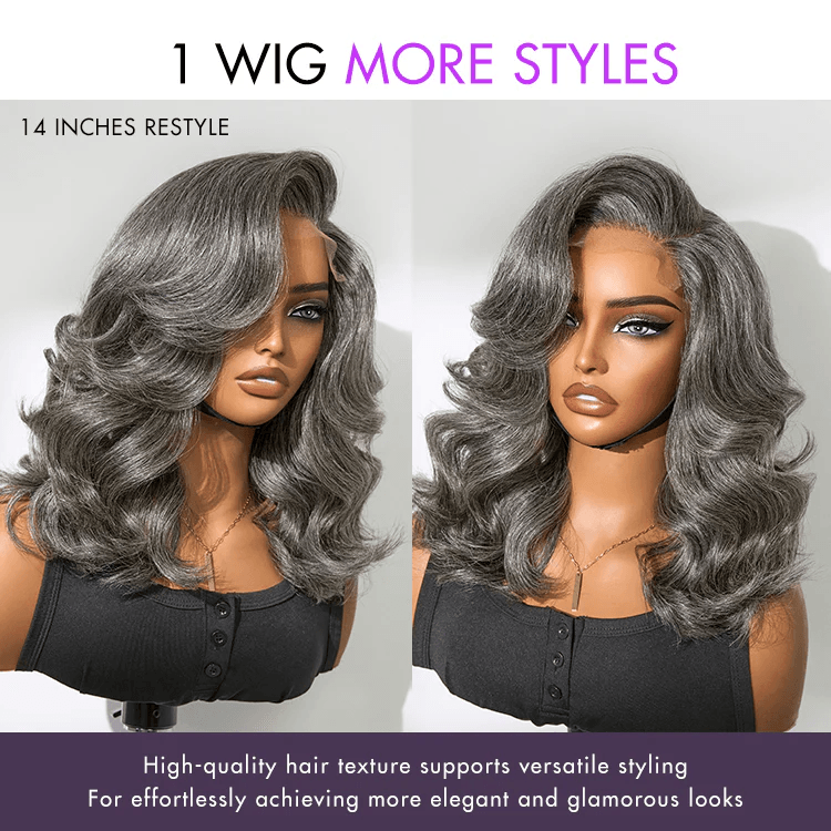 Layered Blowout Salt and Pepper 4x4 Transparent Lace Glueless Grey Wig Shoulder Length Wavy Wig TianaHair