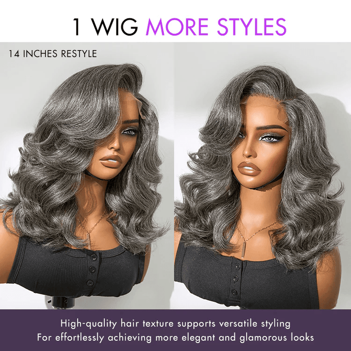 Layered Blowout Salt and Pepper 4x4 Transparent Lace Glueless Grey Wig Shoulder Length Wavy Wig TianaHair